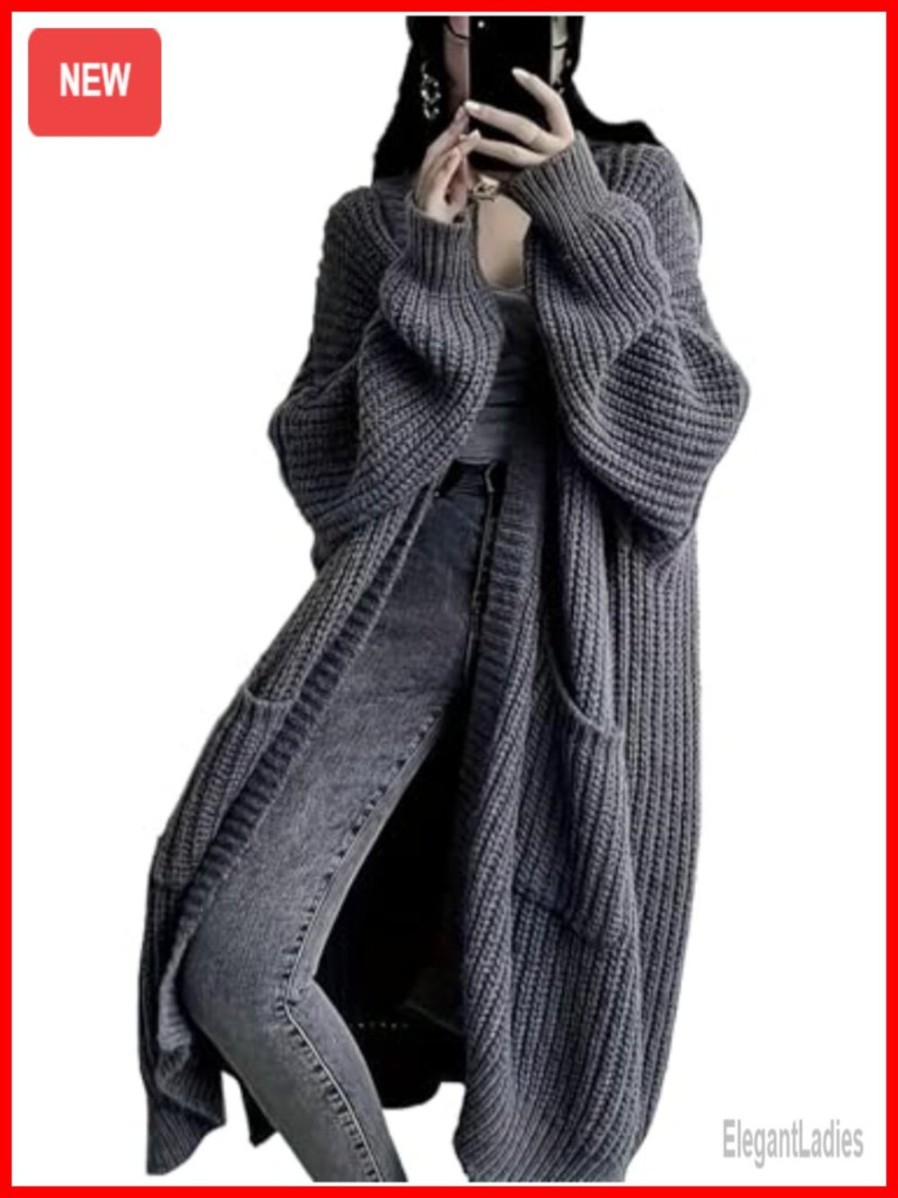 Long Open Front Chunky Cable Knit Cardigan Duster with Pockets